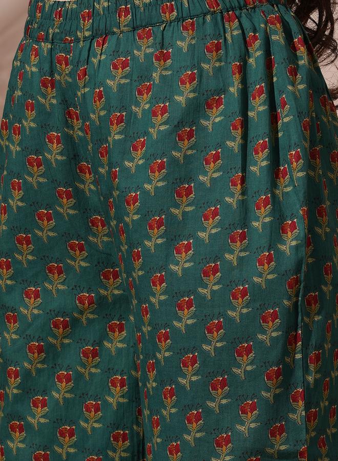 globus Women Green Floral Print Mandarin Neck Kurta with Pant Set - Image 4
